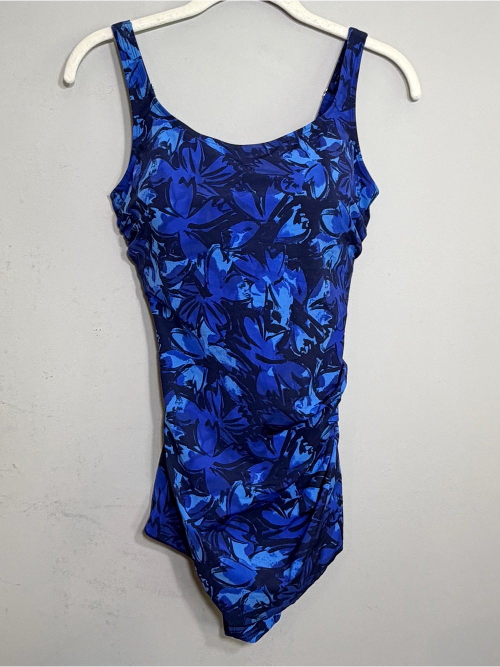 LL Bean blue floral shaping side tie built in bra one piece swimsuit size 10 D